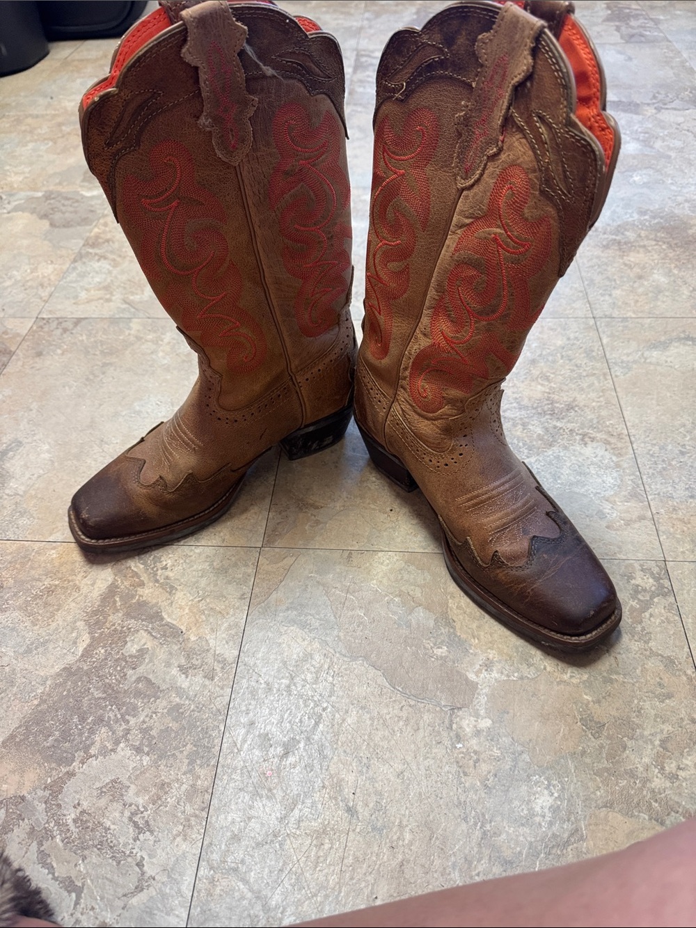 Justin Boots Brown Leather Heeled Cowboy Boots with Red Stitching